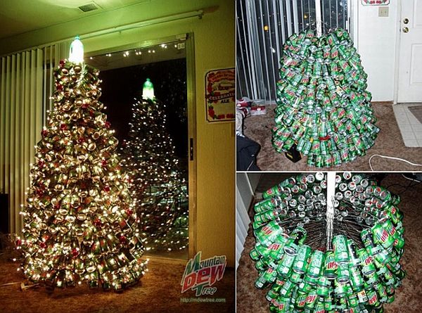 Christmas tree made from mountain dew cans