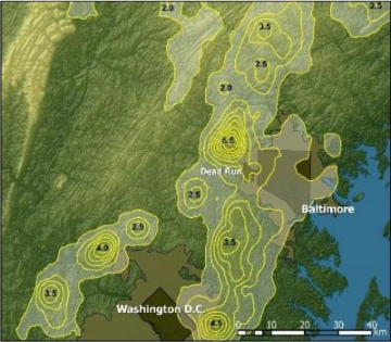 this shows the pattern of lightning strikes near b